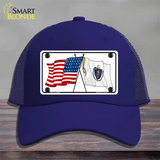 Massachusetts Crossed US Flag Novelty License Plate Hat Mesh / Royal Blue