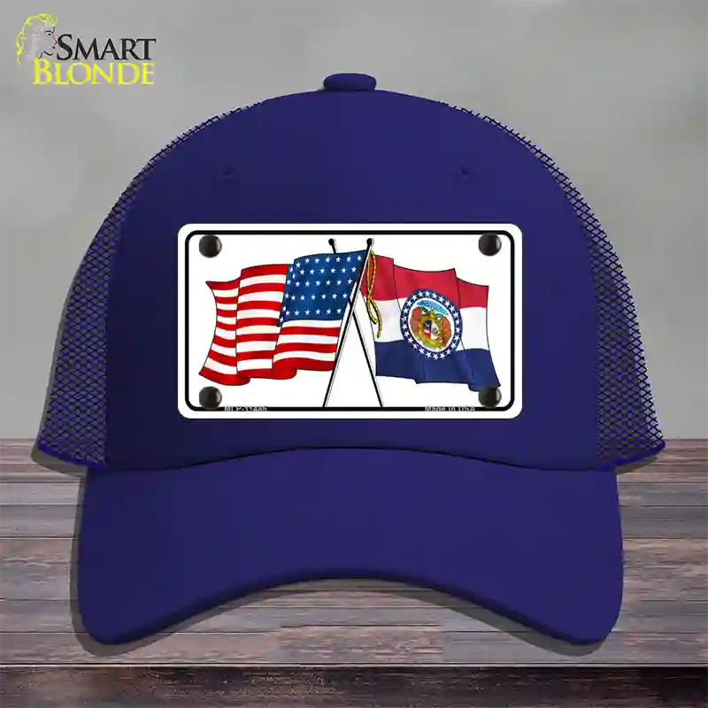 Missouri Crossed US Flag Novelty License Plate Hat Mesh / Royal Blue