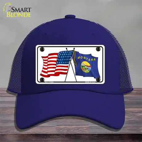 Montana Crossed US Flag Novelty License Plate Hat Mesh / Royal Blue