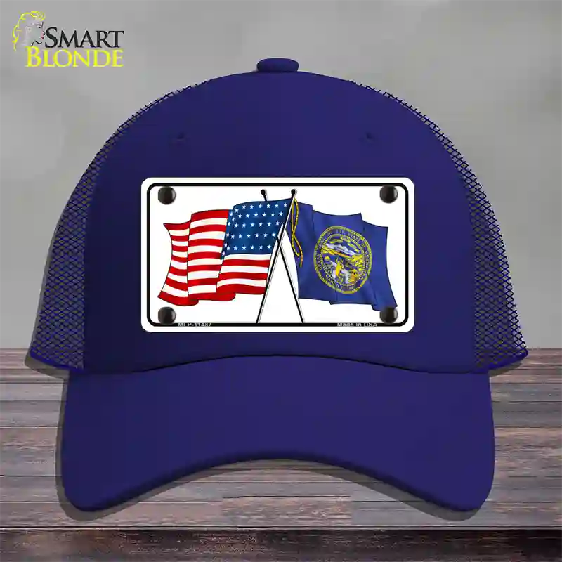 Nebraska Crossed US Flag Novelty License Plate Hat Mesh / Royal Blue