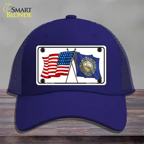 New Hampshire Crossed US Flag Novelty License Plate Hat Mesh / Royal Blue