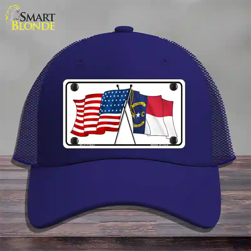 North Carolina Crossed US Flag Novelty License Plate Hat Mesh / Royal Blue