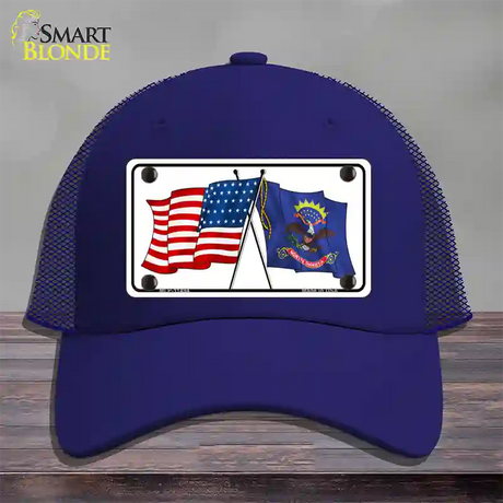 North Dakota Crossed US Flag Novelty License Plate Hat Mesh / Royal Blue