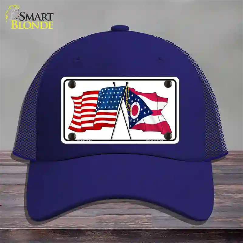 Ohio Crossed US Flag Novelty License Plate Hat Mesh / Royal Blue