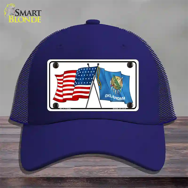 Oklahoma Crossed US Flag Novelty License Plate Hat Mesh / Royal Blue