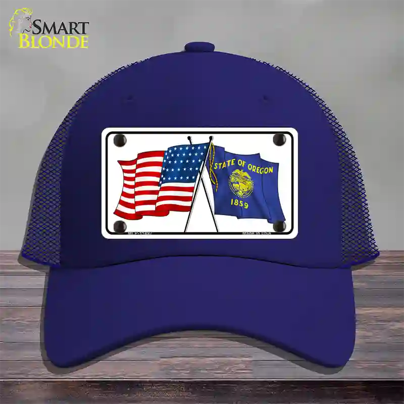 Oregon Crossed US Flag Novelty License Plate Hat Mesh / Royal Blue