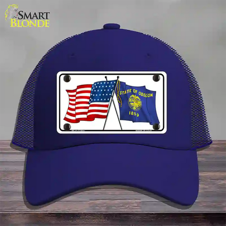 Oregon Crossed US Flag Novelty License Plate Hat Mesh / Royal Blue