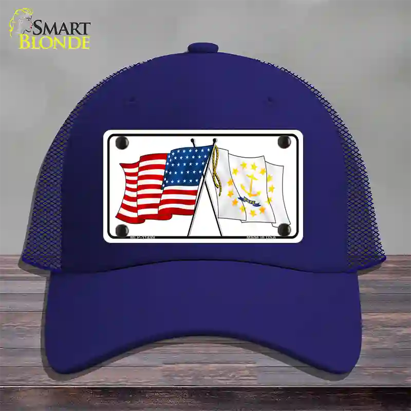 Rhode Island Crossed US Flag Novelty License Plate Hat Mesh / Royal Blue