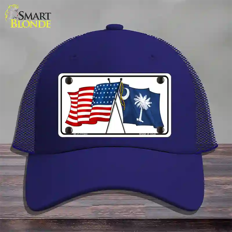 South Carolina Crossed US Flag Novelty License Plate Hat Mesh / Royal Blue