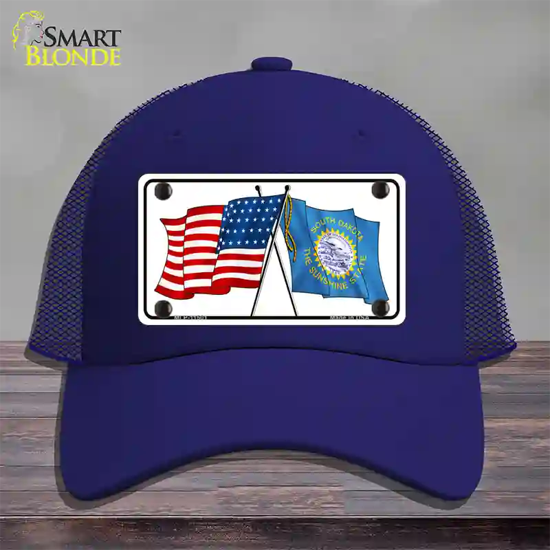 South Dakota Crossed US Flag Novelty License Plate Hat Mesh / Royal Blue