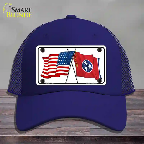 Tennessee Crossed US Flag Novelty License Plate Hat Mesh / Royal Blue