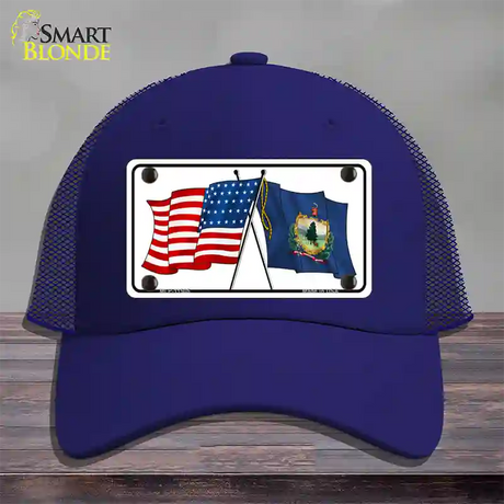 Vermont Crossed US Flag Novelty License Plate Hat Mesh / Royal Blue