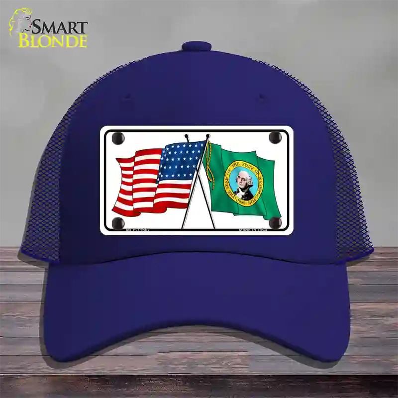 Washington Crossed US Flag Novelty License Plate Hat Mesh / Royal Blue