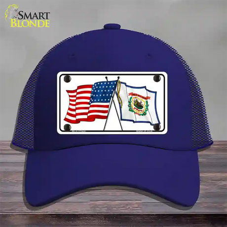 West Virginia Crossed US Flag Novelty License Plate Hat Mesh / Royal Blue