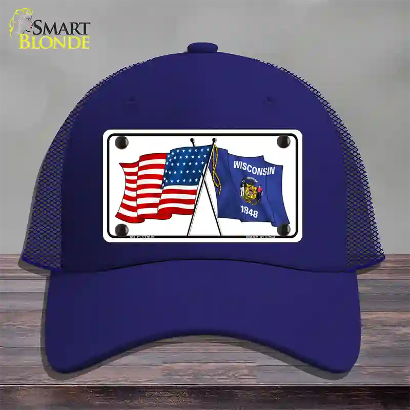 Wisconsin Crossed US Flag Novelty License Plate Hat Mesh / Royal Blue