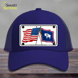 Wyoming Crossed US Flag Novelty License Plate Hat Mesh / Royal Blue