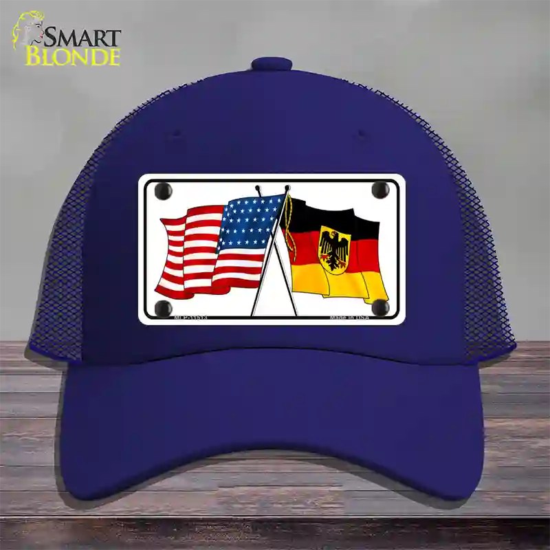 Germany Crossed US Flag Novelty License Plate Hat Mesh / Royal Blue