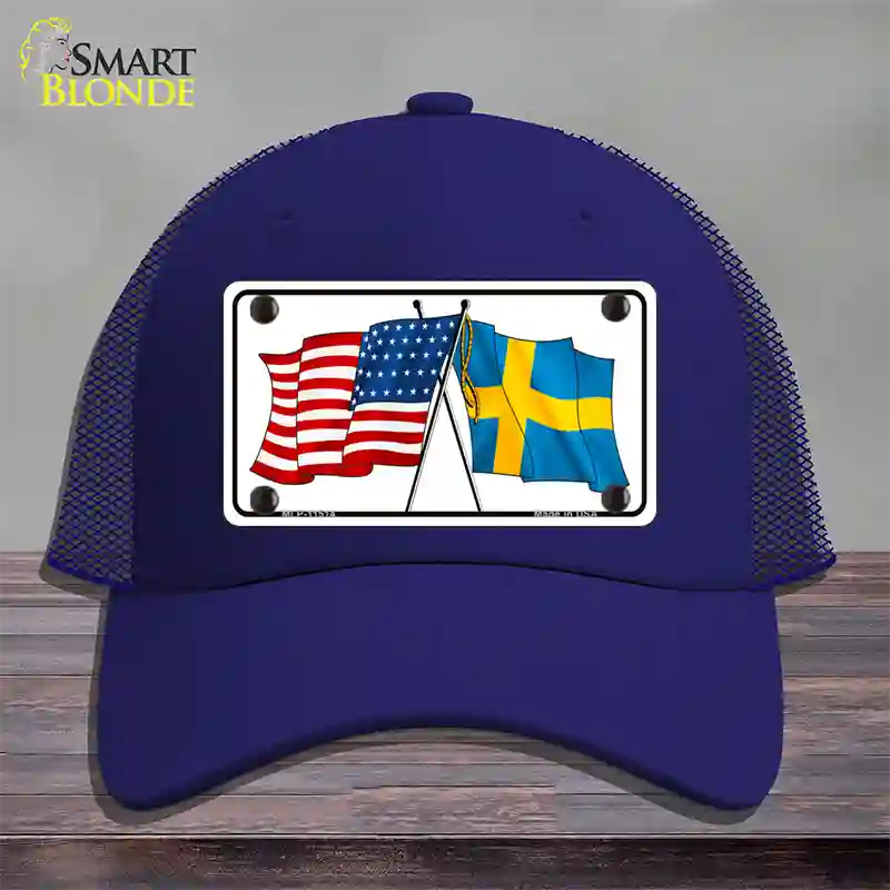 Sweden Crossed US Flag Novelty License Plate Hat Mesh / Royal Blue