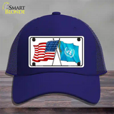 United Nation Crossed US Flag Novelty License Plate Hat Mesh / Royal Blue