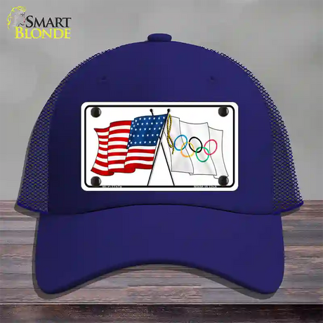 Olympic Crossed US Flag Novelty License Plate Hat Mesh / Royal Blue