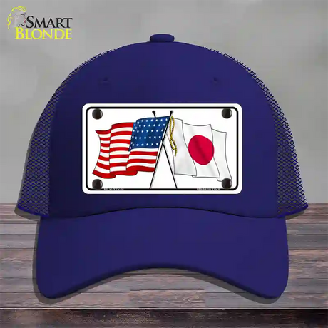 Japan Crossed US Flag Novelty License Plate Hat Mesh / Royal Blue