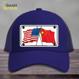 China Crossed US Flag Novelty License Plate Hat Mesh / Royal Blue