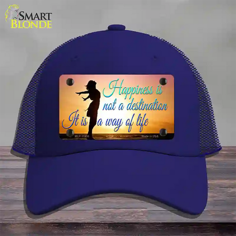 Happiness Way Of Life Sunset Novelty License Plate Hat Mesh / Royal Blue