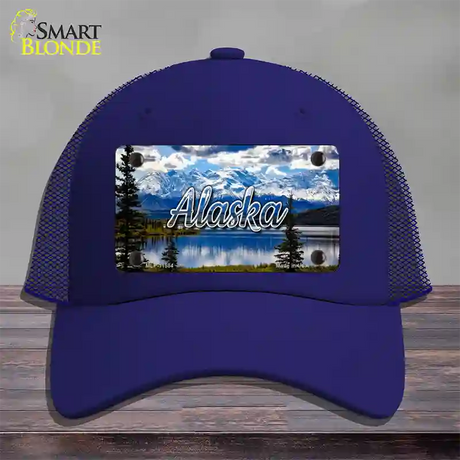 Alaska Snowy Mountains State Novelty License Plate Hat Mesh / Royal Blue