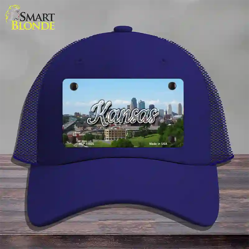 Kansas Downtown Skyline State Novelty License Plate Hat Mesh / Royal Blue