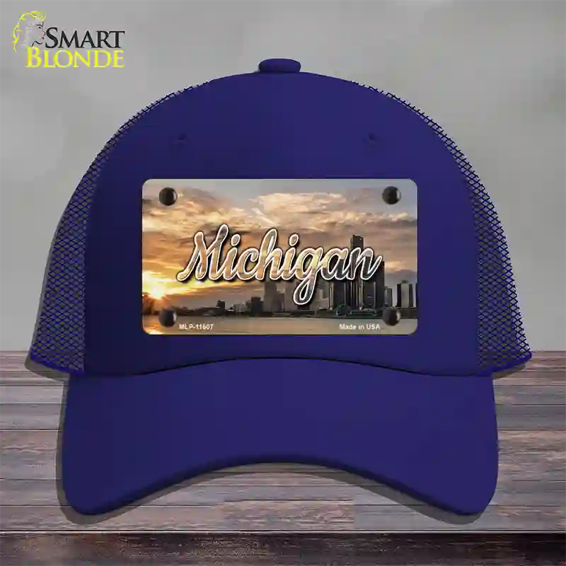 Michigan City Sunset State Novelty License Plate Hat Mesh / Royal Blue