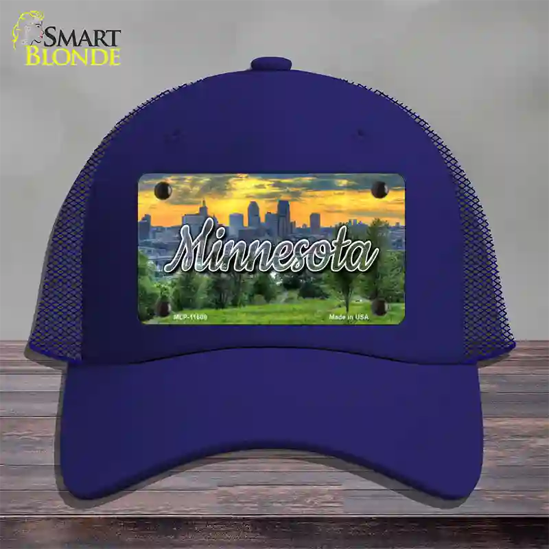 Minnesota City Skyline Sunset State Novelty License Plate Hat Mesh / Royal Blue