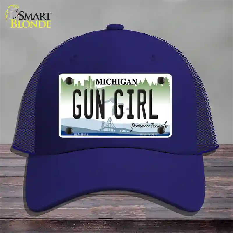 Gun Girl Michigan Novelty License Plate Hat Mesh / Royal Blue