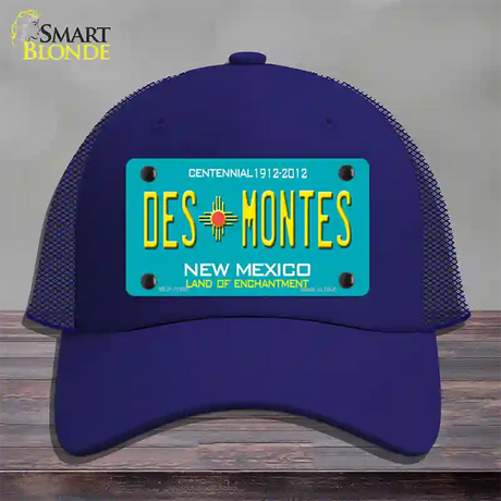 Des Montes Teal New Mexico Novelty License Plate Hat Mesh / Royal Blue