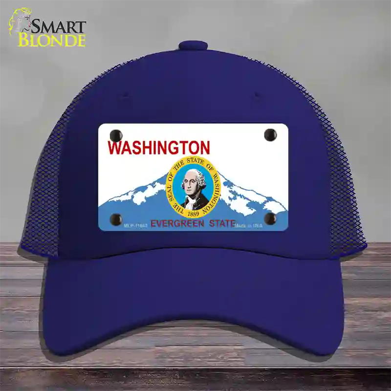 Washington Seal And State Novelty License Plate Hat Mesh / Royal Blue