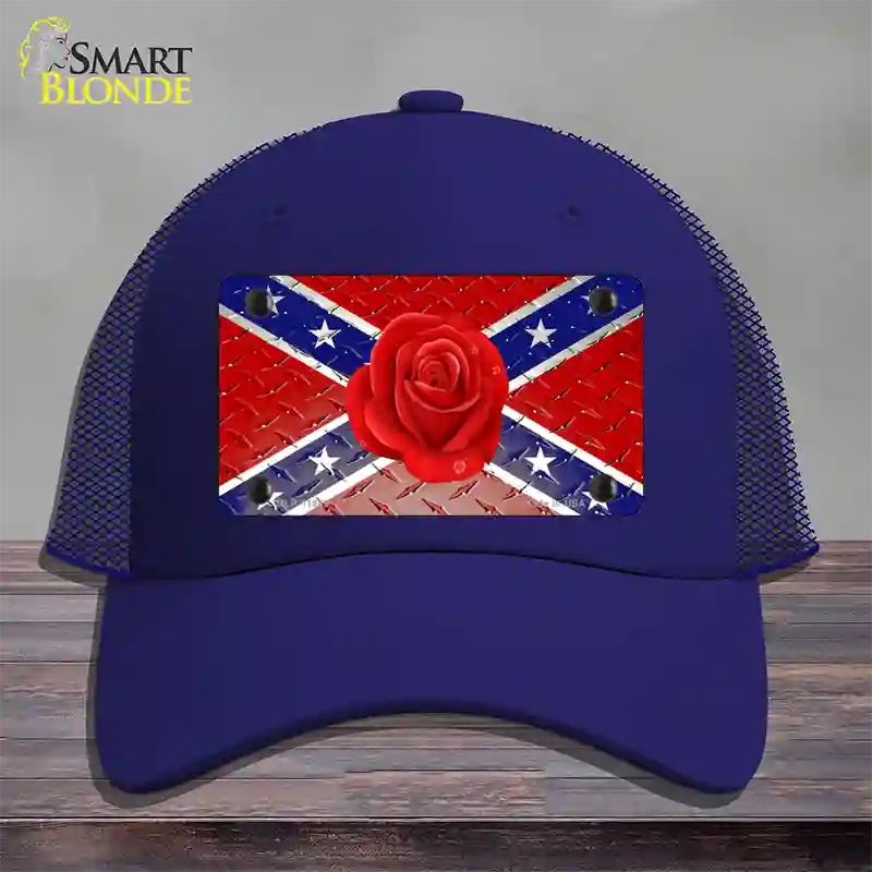 Confederate Flag With Red Rose Novelty License Plate Hat Mesh / Royal Blue