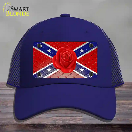 Confederate Flag With Red Rose Novelty License Plate Hat Mesh / Royal Blue