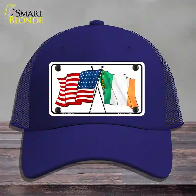 Ireland USA Crossed Flag Novelty License Plate Hat Mesh / Royal Blue