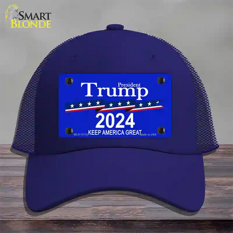 President Trump 2024 Novelty License Plate Hat Mesh / Royal Blue