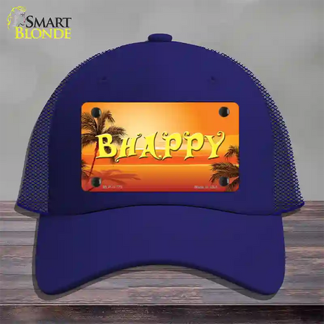 Be Happy Beach Scene Novelty License Plate Hat Mesh / Royal Blue