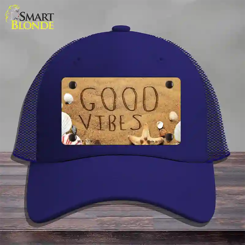 Good Vibes in the Sand Novelty License Plate Hat Mesh / Royal Blue