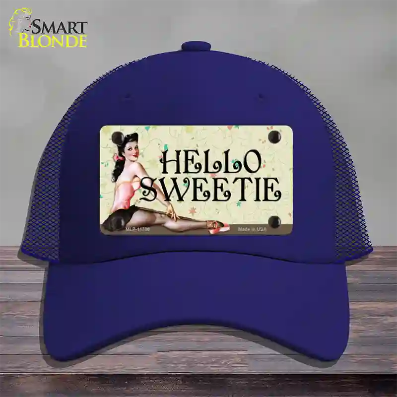 Hello Sweetie Vintage Pinup Novelty License Plate Hat Mesh / Royal Blue