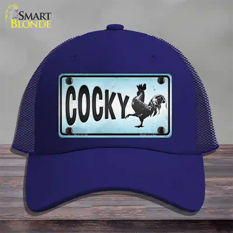 Cocky Chicken Novelty License Plate Hat Mesh / Royal Blue