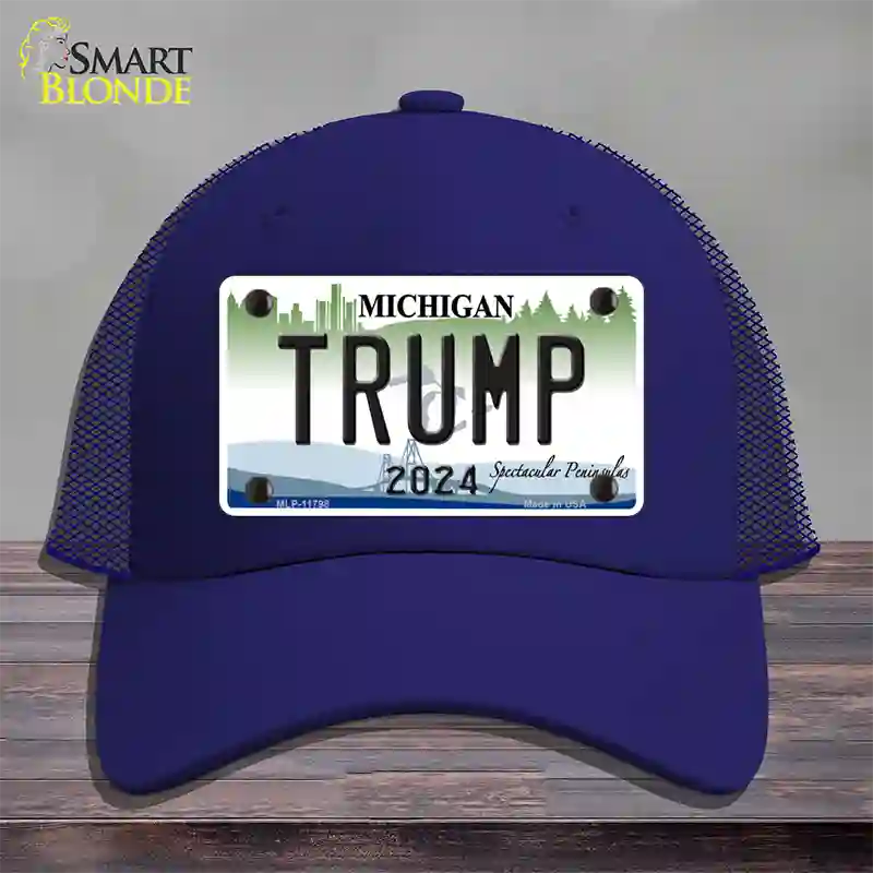 Trump 2024 Michigan Background Novelty License Plate Hat Mesh / Royal Blue