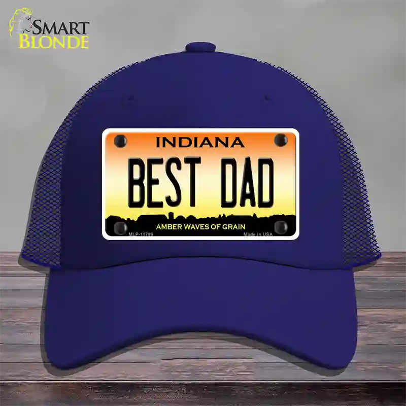 Best Dad Indiana Novelty License Plate Hat Mesh / Royal Blue