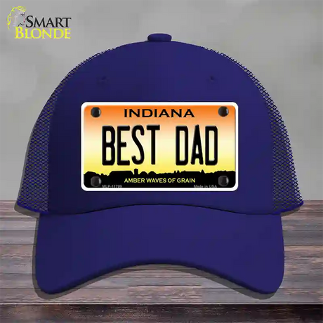 Best Dad Indiana Novelty License Plate Hat Mesh / Royal Blue