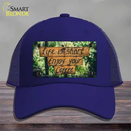 Enjoy Your Coffee Novelty License Plate Hat Mesh / Royal Blue