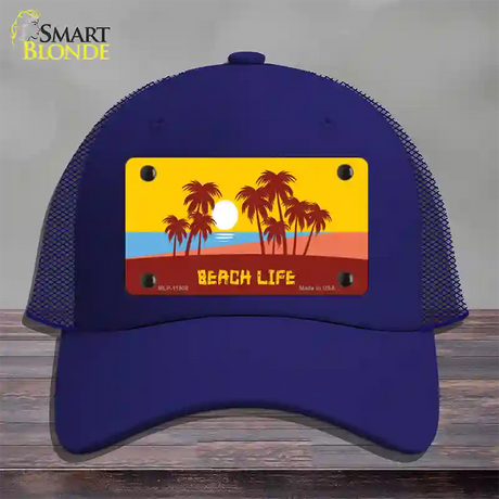 Beach Life Novelty License Plate Hat Mesh / Royal Blue