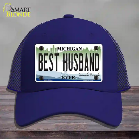 Michigan Best Husband Novelty License Plate Hat Mesh / Royal Blue