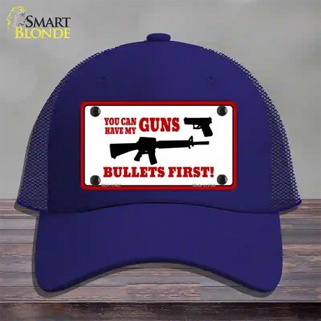 Bullets First Novelty License Plate Hat Mesh / Royal Blue