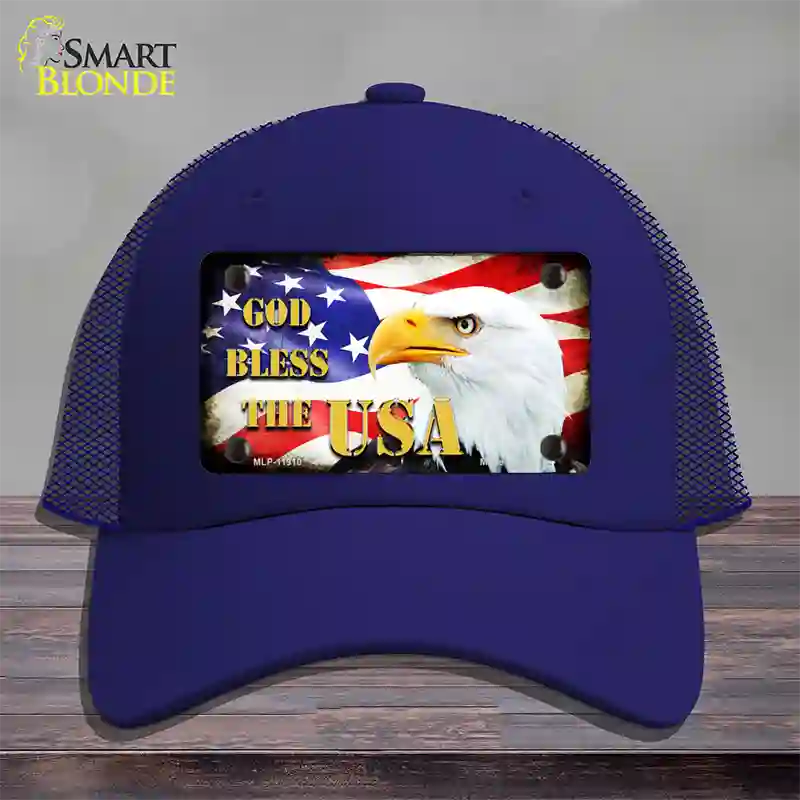 God Bless The USA Novelty License Plate Hat Mesh / Royal Blue